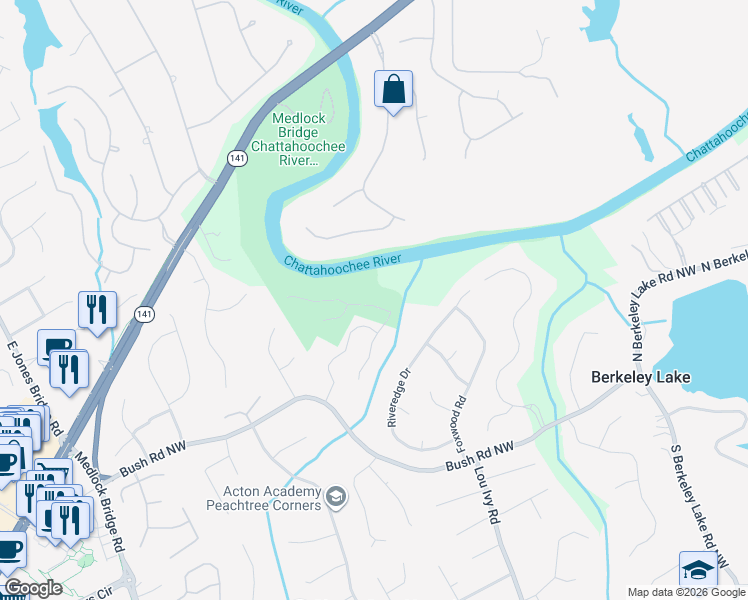 map of restaurants, bars, coffee shops, grocery stores, and more near 3835 River Hollow Run in Duluth