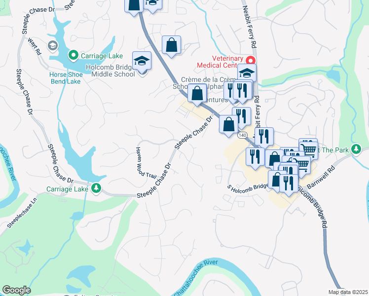 map of restaurants, bars, coffee shops, grocery stores, and more near 710 Glen Royal Drive in Roswell