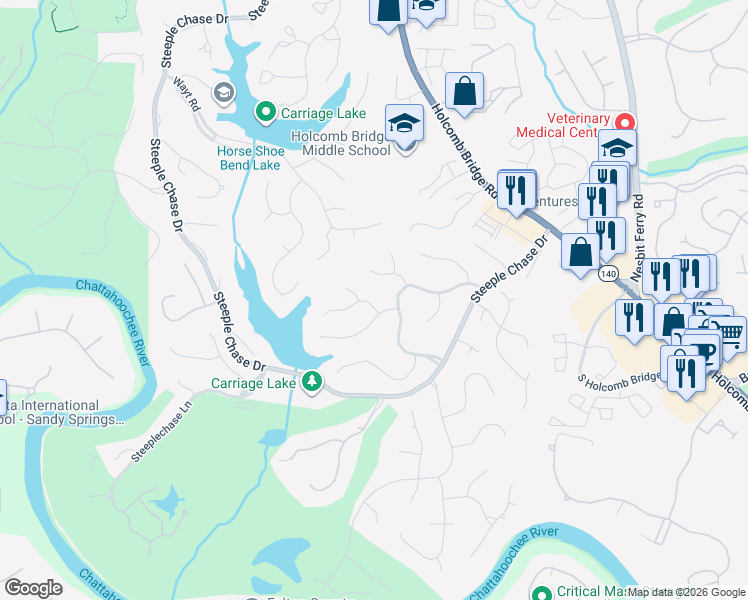 map of restaurants, bars, coffee shops, grocery stores, and more near 2560 Whisper Wind Court in Roswell