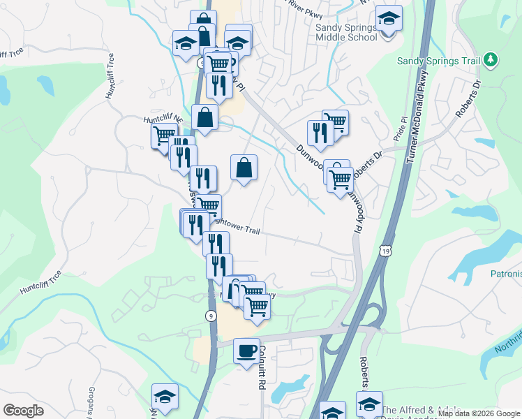 map of restaurants, bars, coffee shops, grocery stores, and more near 5515 Wing Street in Atlanta