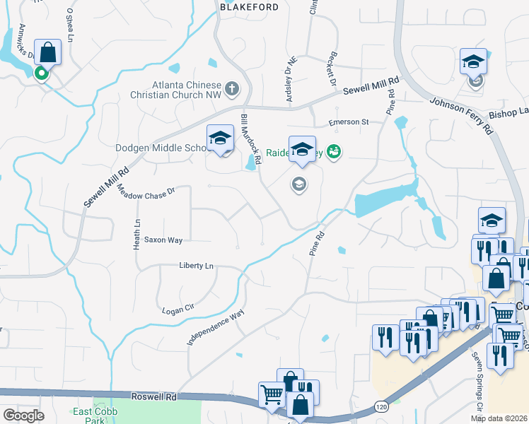 map of restaurants, bars, coffee shops, grocery stores, and more near 3755 Old College Way Northeast in Marietta