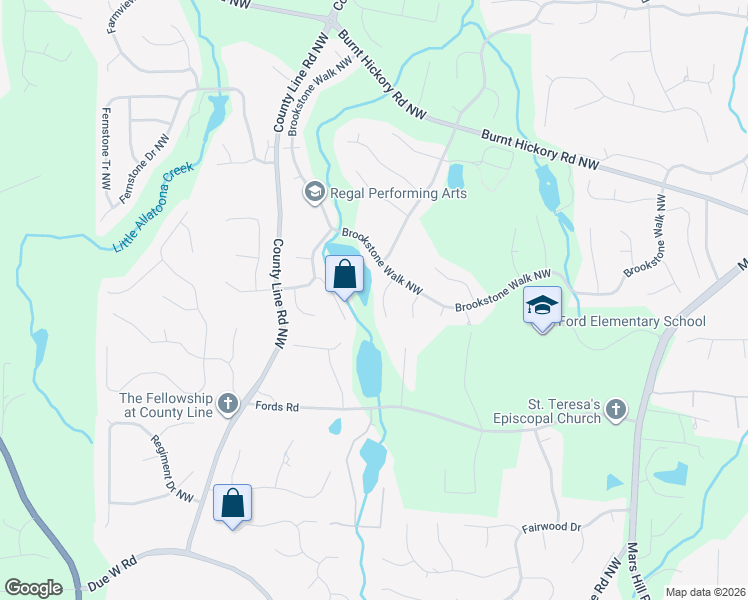 map of restaurants, bars, coffee shops, grocery stores, and more near 1507 Downington Run Northwest in Acworth