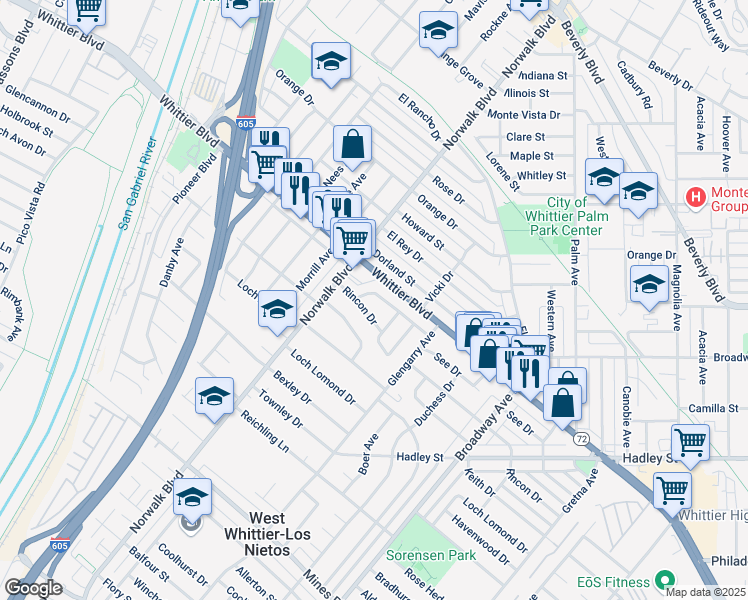 map of restaurants, bars, coffee shops, grocery stores, and more near 10932 See Drive in Whittier