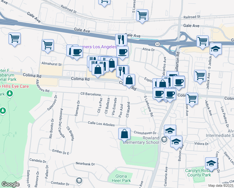 map of restaurants, bars, coffee shops, grocery stores, and more near 17951 Calle Barcelona in Rowland Heights