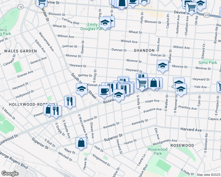 map of restaurants, bars, coffee shops, grocery stores, and more near 2714 Kiawah Avenue in Columbia