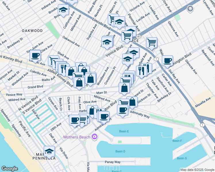 map of restaurants, bars, coffee shops, grocery stores, and more near 2500 Abbot Kinney Boulevard in Los Angeles
