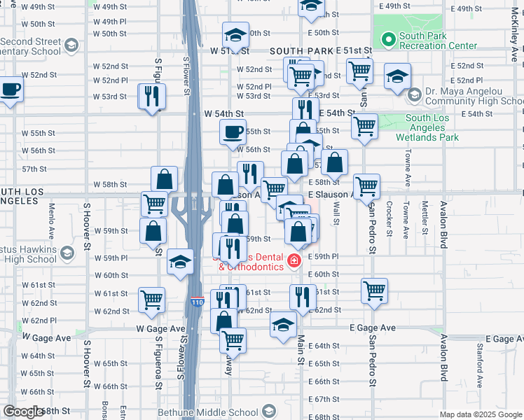 map of restaurants, bars, coffee shops, grocery stores, and more near 5847 Inskeep Avenue in Los Angeles