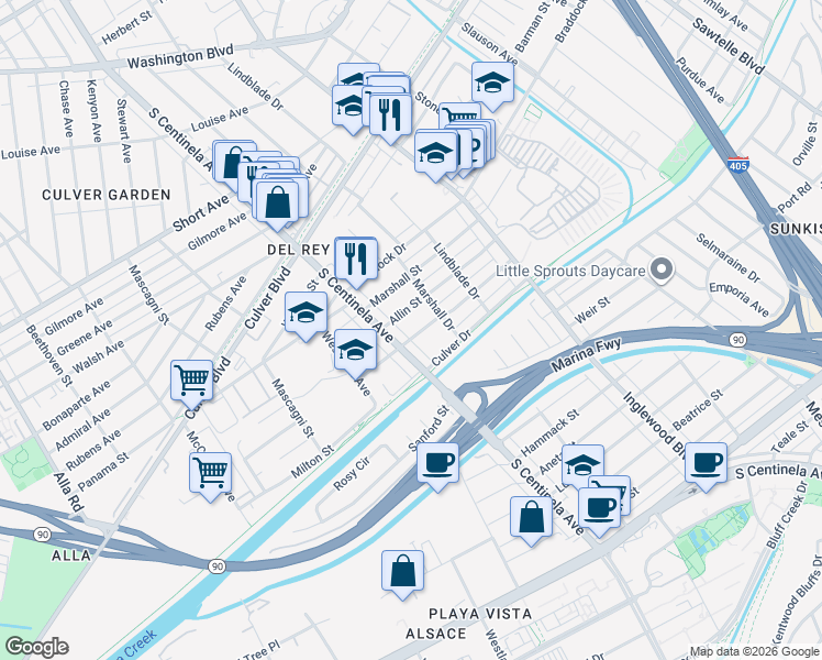 map of restaurants, bars, coffee shops, grocery stores, and more near 12309 Havelock Avenue in Culver City