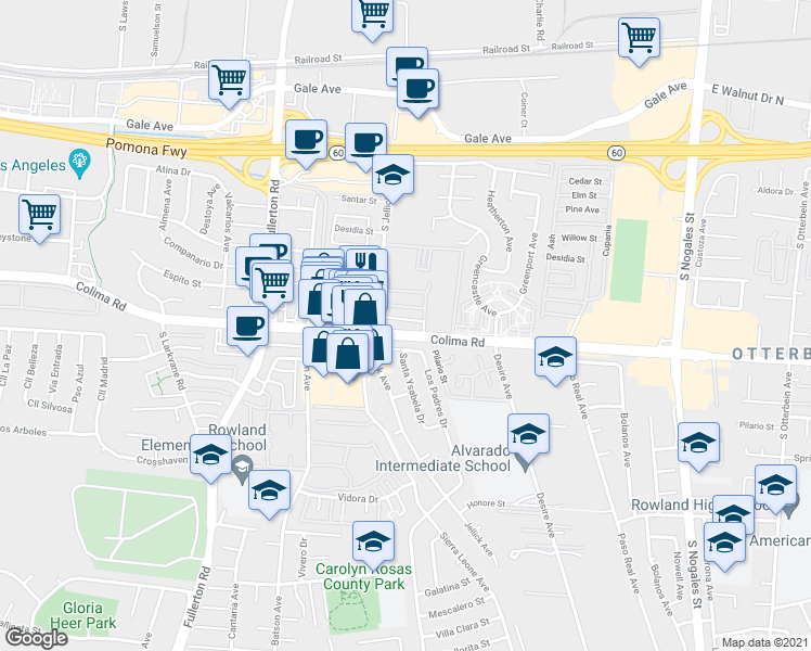 map of restaurants, bars, coffee shops, grocery stores, and more near 18531 Colima Road in La Puente
