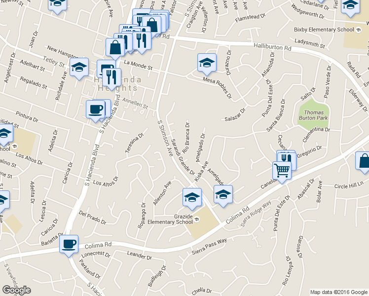 map of restaurants, bars, coffee shops, grocery stores, and more near 2525 Rio Branca Drive in Hacienda Heights