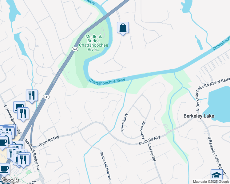 map of restaurants, bars, coffee shops, grocery stores, and more near 3845 River Hollow Run in Duluth