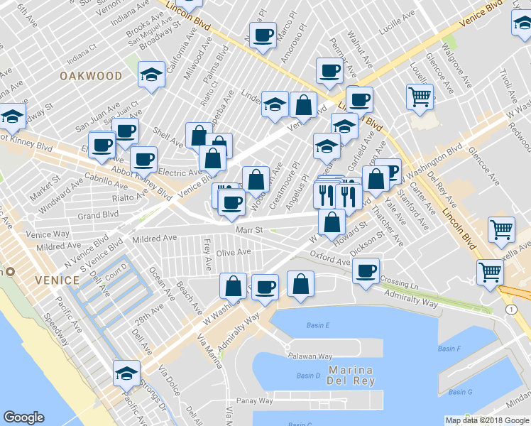 map of restaurants, bars, coffee shops, grocery stores, and more near 601 Crestmoore Place in Los Angeles