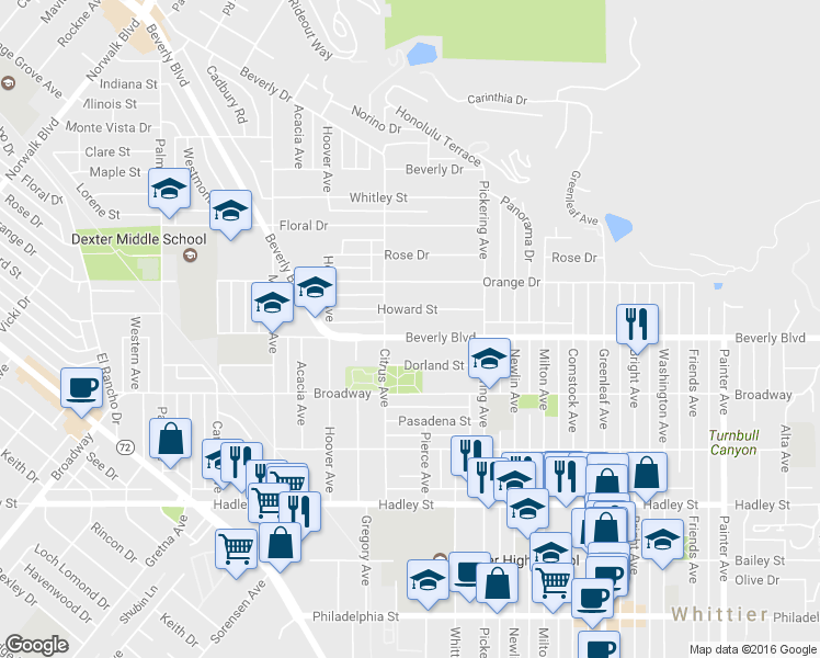 map of restaurants, bars, coffee shops, grocery stores, and more near in Whittier