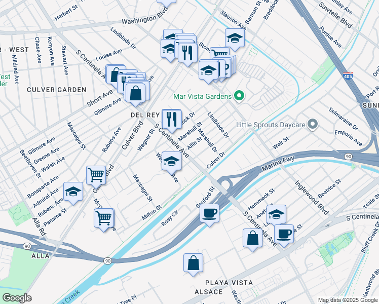 map of restaurants, bars, coffee shops, grocery stores, and more near 4912 South Centinela Avenue in Los Angeles