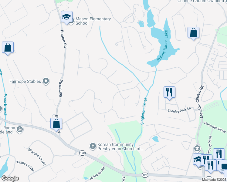 map of restaurants, bars, coffee shops, grocery stores, and more near 2533 Thurleston Lane in Duluth