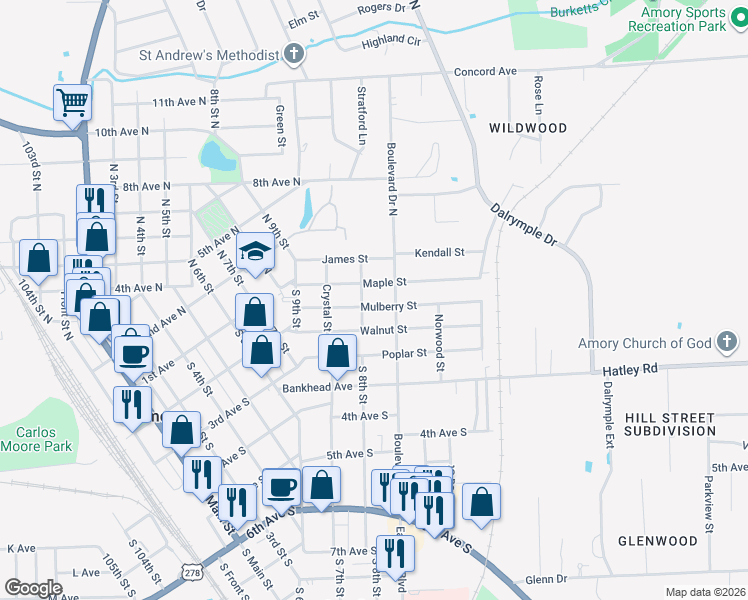 map of restaurants, bars, coffee shops, grocery stores, and more near 903 Mulberry Street in Amory