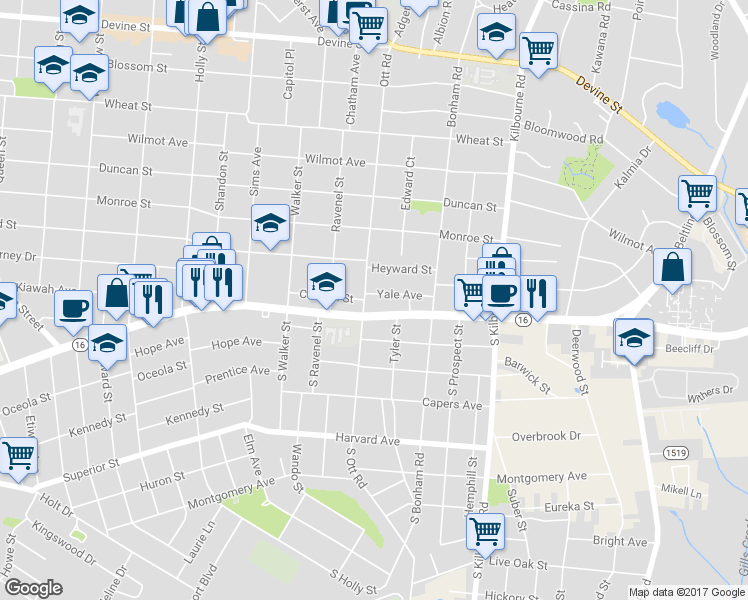 map of restaurants, bars, coffee shops, grocery stores, and more near 3404 Yale Avenue in Columbia