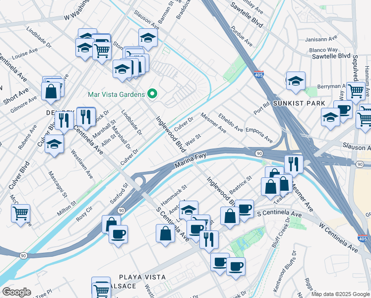 map of restaurants, bars, coffee shops, grocery stores, and more near 5200 Inglewood Boulevard in Culver City