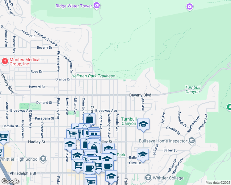 map of restaurants, bars, coffee shops, grocery stores, and more near 5851 Friends Avenue in Whittier