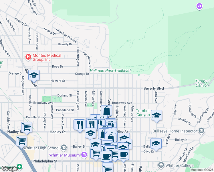 map of restaurants, bars, coffee shops, grocery stores, and more near 5849 Greenleaf Avenue in Whittier