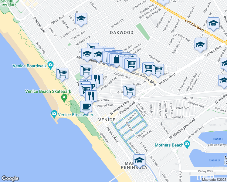 map of restaurants, bars, coffee shops, grocery stores, and more near 419 Grand Boulevard in Los Angeles