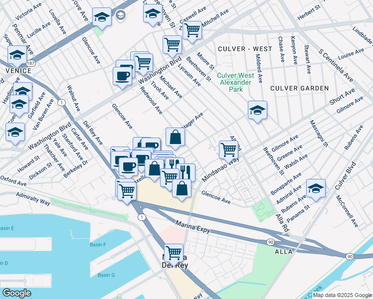map of restaurants, bars, coffee shops, grocery stores, and more near 4241 Redwood Avenue in Los Angeles