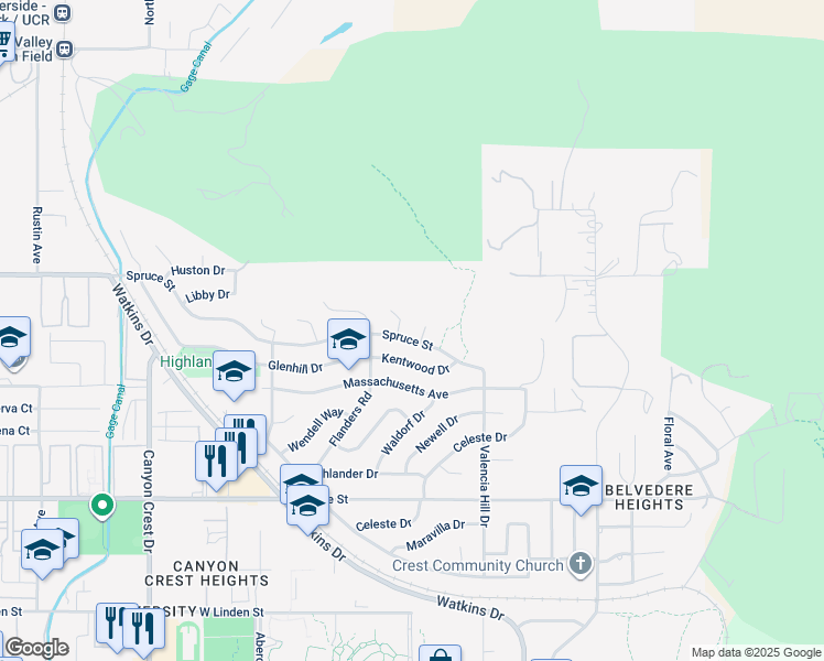 map of restaurants, bars, coffee shops, grocery stores, and more near 449 Spruce Street in Riverside