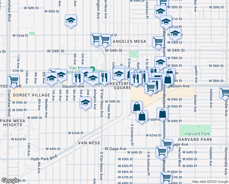 map of restaurants, bars, coffee shops, grocery stores, and more near 5823 Cimarron Street in Los Angeles