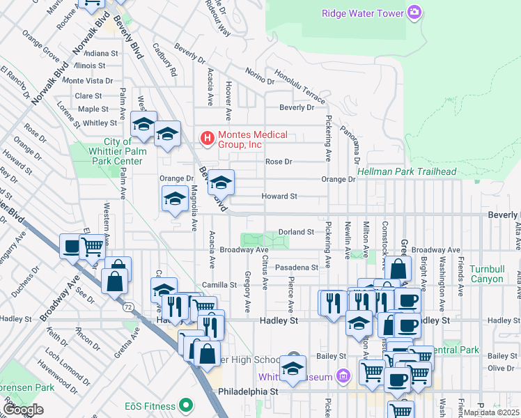 map of restaurants, bars, coffee shops, grocery stores, and more near 12225 Beverly Boulevard in Whittier