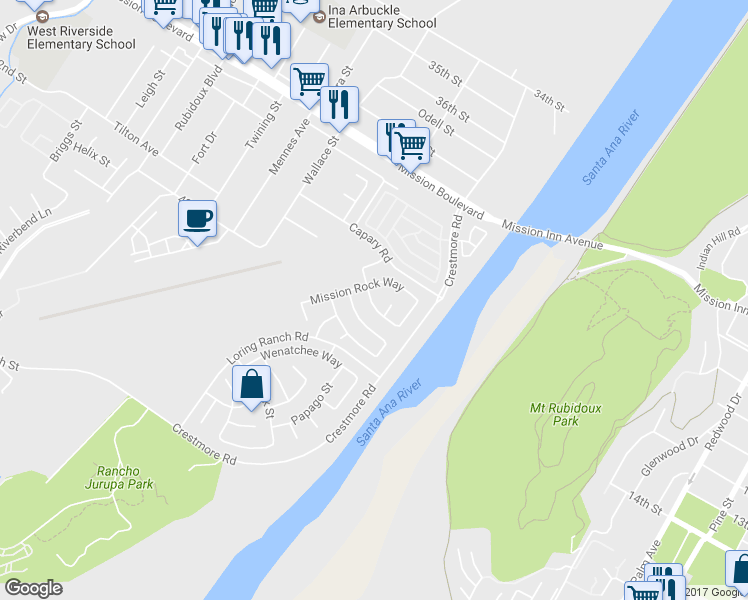 map of restaurants, bars, coffee shops, grocery stores, and more near 5201 Westerfield Street in Riverside