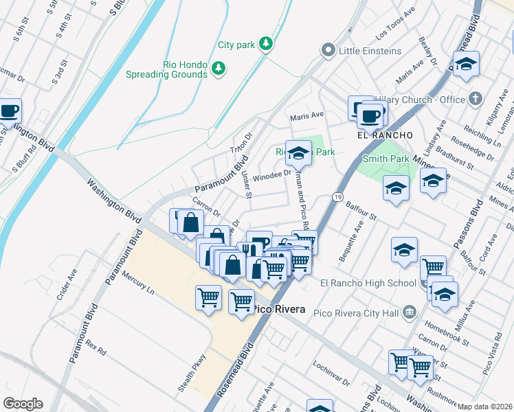 map of restaurants, bars, coffee shops, grocery stores, and more near 6463 Keltonview Drive in Pico Rivera