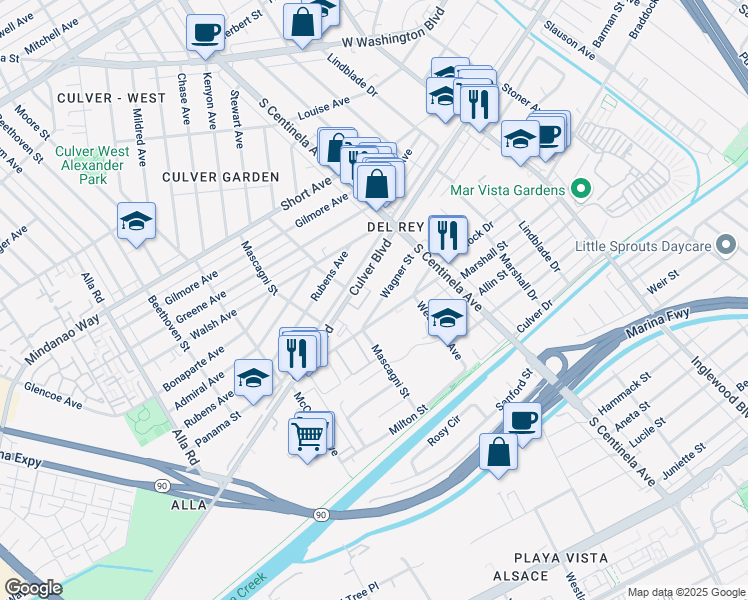 map of restaurants, bars, coffee shops, grocery stores, and more near 12489 Wagner Street in Los Angeles