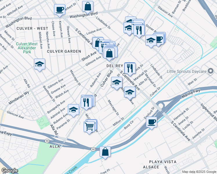 map of restaurants, bars, coffee shops, grocery stores, and more near 12489 Wagner Street in Los Angeles