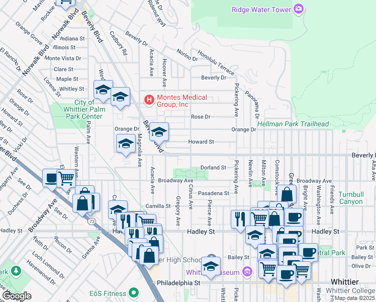 map of restaurants, bars, coffee shops, grocery stores, and more near 12225 Beverly Boulevard in Whittier