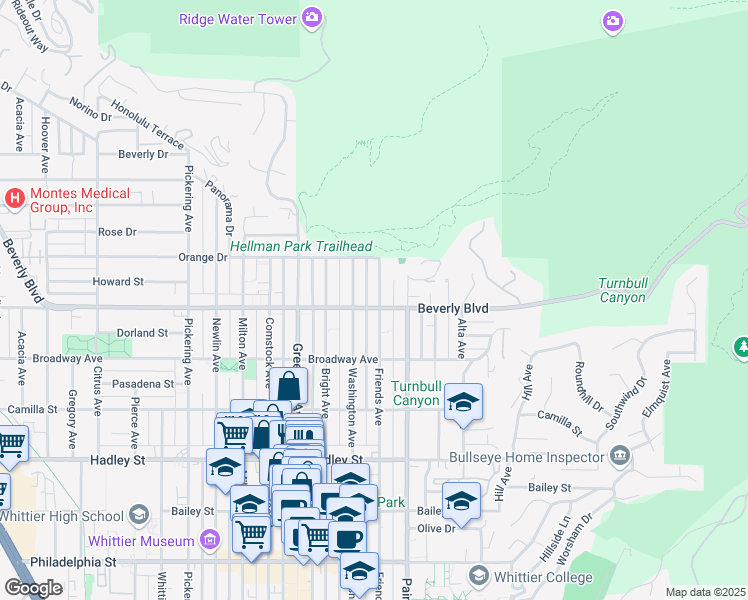map of restaurants, bars, coffee shops, grocery stores, and more near 5851 Friends Avenue in Whittier