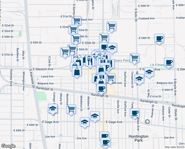 map of restaurants, bars, coffee shops, grocery stores, and more near 5931 Rugby Avenue in Huntington Park