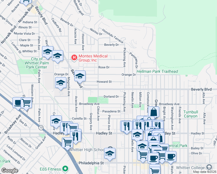 map of restaurants, bars, coffee shops, grocery stores, and more near 12341 Beverly Boulevard in Whittier