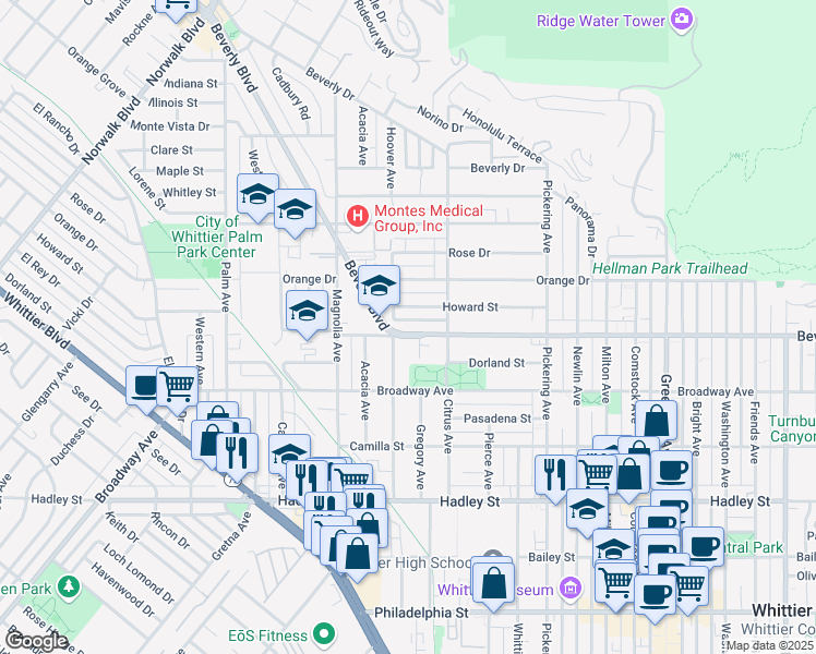 map of restaurants, bars, coffee shops, grocery stores, and more near 12113 Beverly Boulevard in Whittier