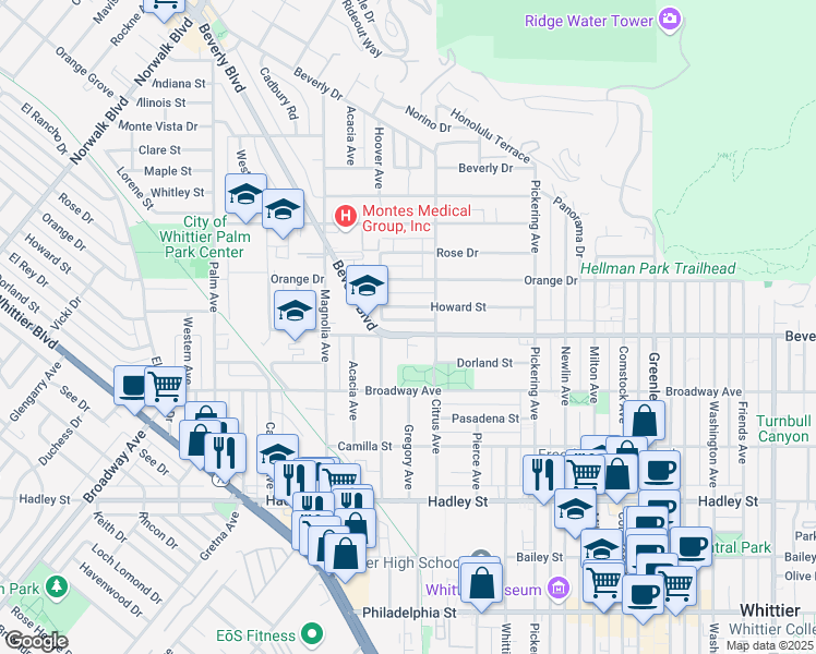 map of restaurants, bars, coffee shops, grocery stores, and more near 12129 Beverly Boulevard in Whittier