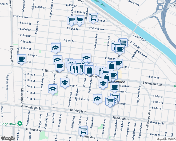 map of restaurants, bars, coffee shops, grocery stores, and more near 4212 East 58th Street in Maywood