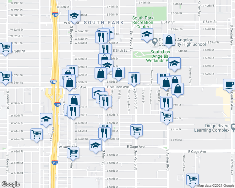 map of restaurants, bars, coffee shops, grocery stores, and more near 5841 Wall Street in Los Angeles