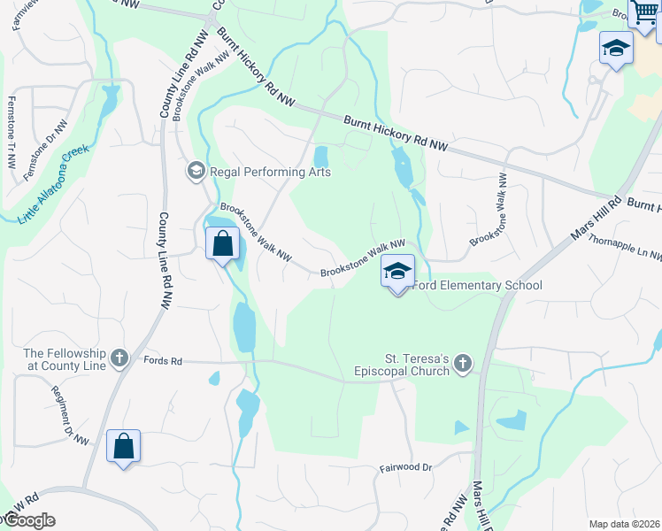 map of restaurants, bars, coffee shops, grocery stores, and more near 1411 Downington Overlook in Acworth