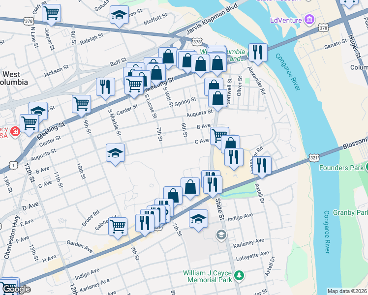 map of restaurants, bars, coffee shops, grocery stores, and more near 539 C Avenue in West Columbia