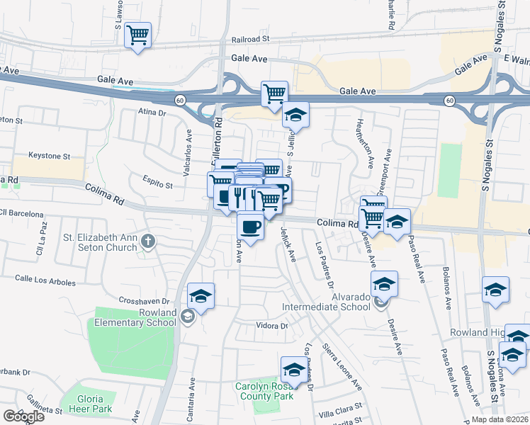 map of restaurants, bars, coffee shops, grocery stores, and more near Colima Road in ROWLAND HGHTS