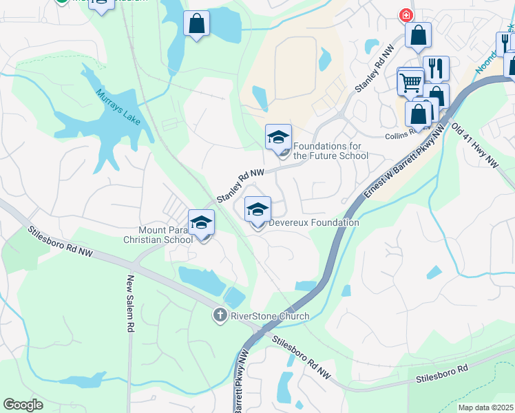 map of restaurants, bars, coffee shops, grocery stores, and more near 1899 Barrett Knoll Court Northwest in Kennesaw