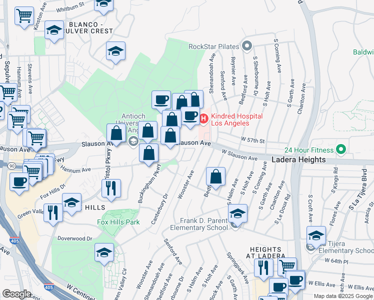 map of restaurants, bars, coffee shops, grocery stores, and more near 5629 Canterbury Drive in Culver City