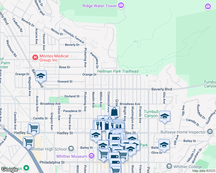 map of restaurants, bars, coffee shops, grocery stores, and more near 5851 Comstock Avenue in Whittier