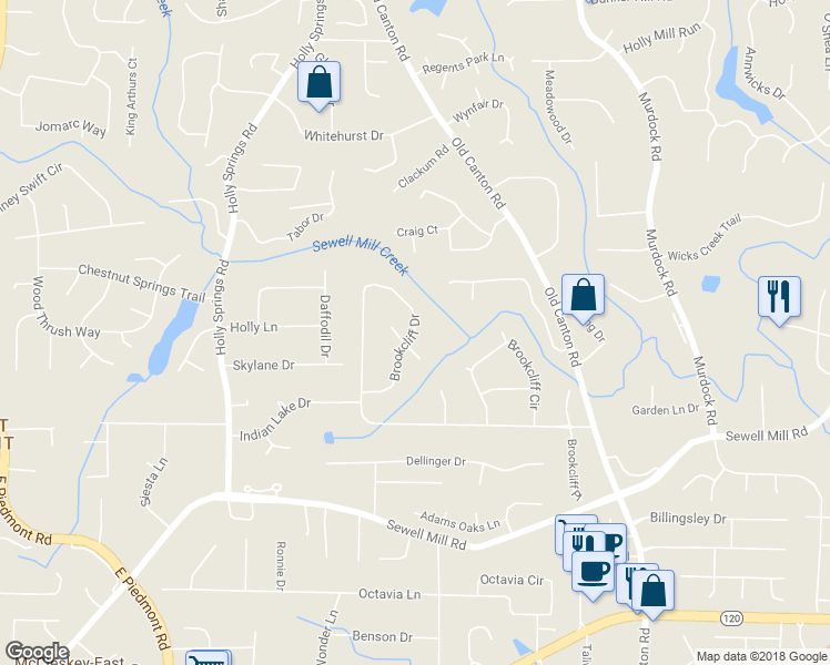 map of restaurants, bars, coffee shops, grocery stores, and more near Brookcliff Drive in Marietta
