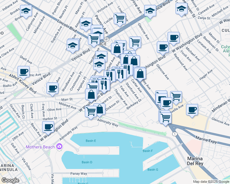 map of restaurants, bars, coffee shops, grocery stores, and more near 2921 Thatcher Avenue in Marina del Rey