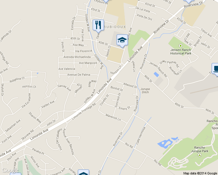 map of restaurants, bars, coffee shops, grocery stores, and more near 6100 Bonhill Street in Riverside